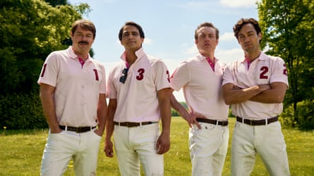 Four members of the cast of Rivals in polo uniforms