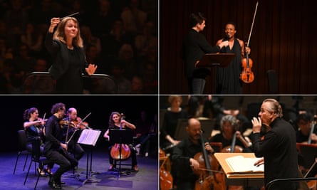 Clockwise from top left: Mirga Gražinytė-Tyla conducts the CBSO in Symphonies 2 & 4; Sarah Mohr-Pietsch puts a question to violinist Tai Murray; Mark Elder conducts the Hallé in Beethoven’s Ninth; and the Carducci Quartet. Photographs: Mark Allan