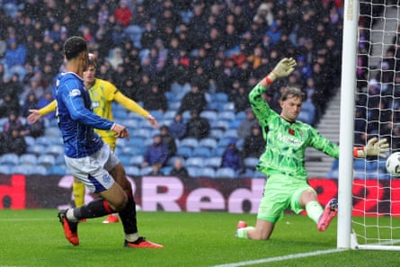 Rangersâ Kevin Kelsy scores the third goal against St Johnstone.