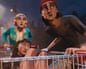 Two animated characters with shocked expressions push another in a shopping trolley.