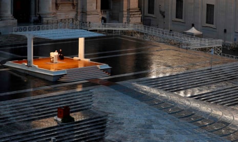 Pope Francis presides over a moment of prayer on the sagrato in an empty St Peter’s Square.