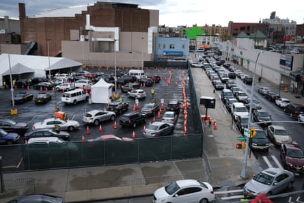 A large number of cars line-up at a recently opened coronavirus testing site on April 21, 2020 in the Brooklyn borough of New York City. New York City, which was hit especially hard by COVID-19, is just now beginning to see a slight drop in cases.