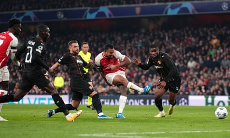 Arsenal’s Gabriel Jesus scores their side’s second goal of the game during the Champions League group game against Lens.