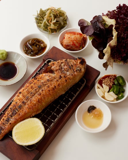 Charcoal grilled dayboat mackerel wasabi, ssamjang, chilli jangach, ssam leaves kimchi seaweed stems, Dongnae, Bristol.