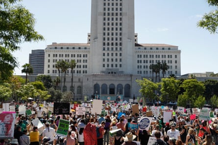 Abortion rights supporters gather outside Los Angeles city hall.