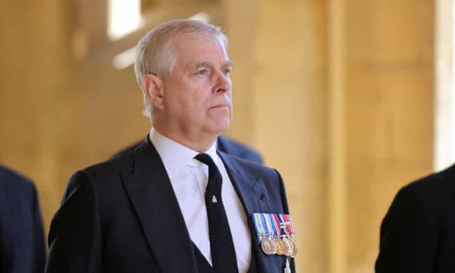Prince Andrew looks on during the funeral of Prince Philip in April 2021. 