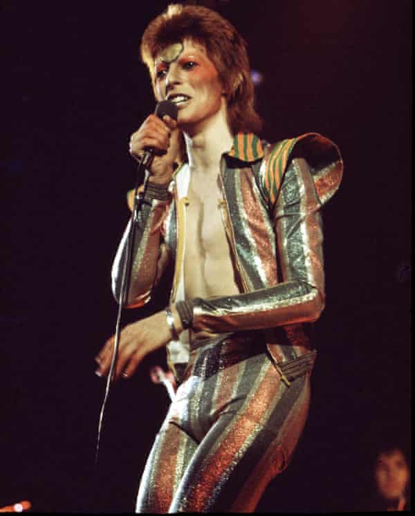 Starman … David Bowie performs on stage on his Ziggy Stardust/Aladdin Sane tour in London, 1973.