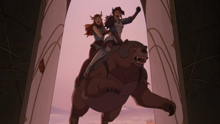 An animated image of two girls on the back of an armoured bear