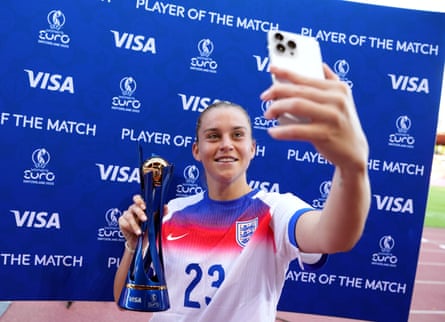 Alessia Russo with the player-of-the-match award after England’s win over the Netherlands.