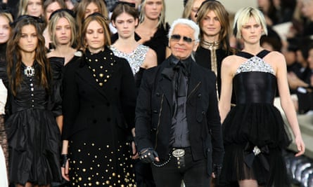 Karl Lagerfeld leading models on the catwalk at the end of the autumn/winter ready-to-wear Chanel collection in Paris.