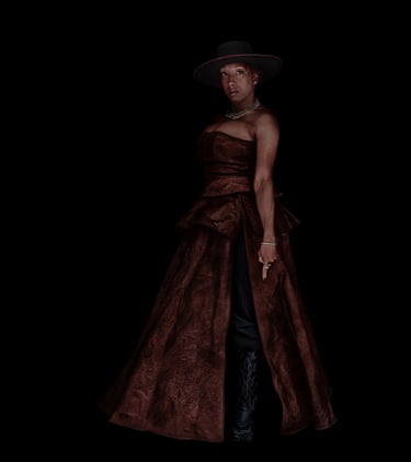 A woman posing in a brown gown and top hat against a black background.
