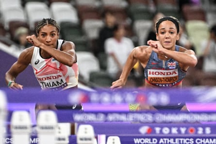 Belgium’s Nafissatou Thiam and Great Britain’s Katarina Johnson-Thompson in action during the 100m hurdles part of the women’s heptathlon