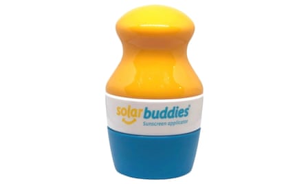 A blue, white and yellow bottle of roll-on suncream
