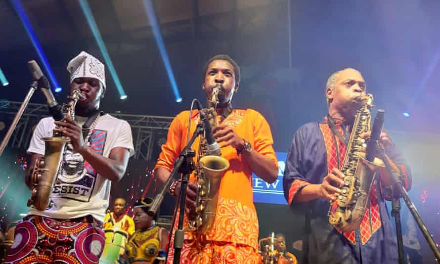 (L-r) Seun, Made and Femi Kuti performing in Lagos, 2020.