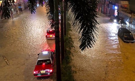 A flooded street in Hong Kong on Thursday after record rainfall in Chinese territory