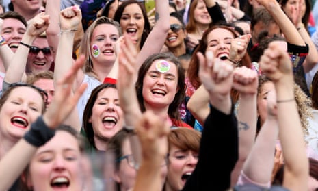 Yes campaigners wait for the official result of the Irish abortion referendum in Dublin on 26 May 2018.