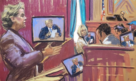 A courtroom sketch shows Roberta Kaplan, E Jean Carroll’s lawyer, making closing arguments before Judge Lewis Kaplan in New York City on 8 May. 