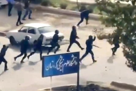 A still from a video reportedly showing security forces firing on the faculty of medical sciences at Kurdistan University in Sanandaj, Kurdistan province, October 2022.