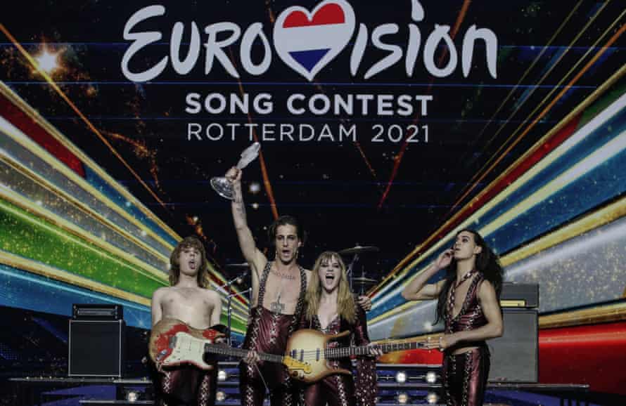 Måneskin celebrate after winning the 2021 Eurovision song contest in Rotterdam