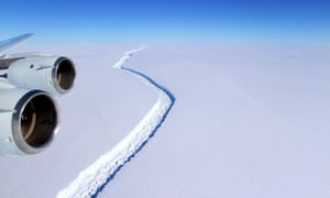 An aerial view of the Larsen C ice rift in Antarctica. The rift is now nearly 200km long, and will release an iceberg 5,000 sq km in size.