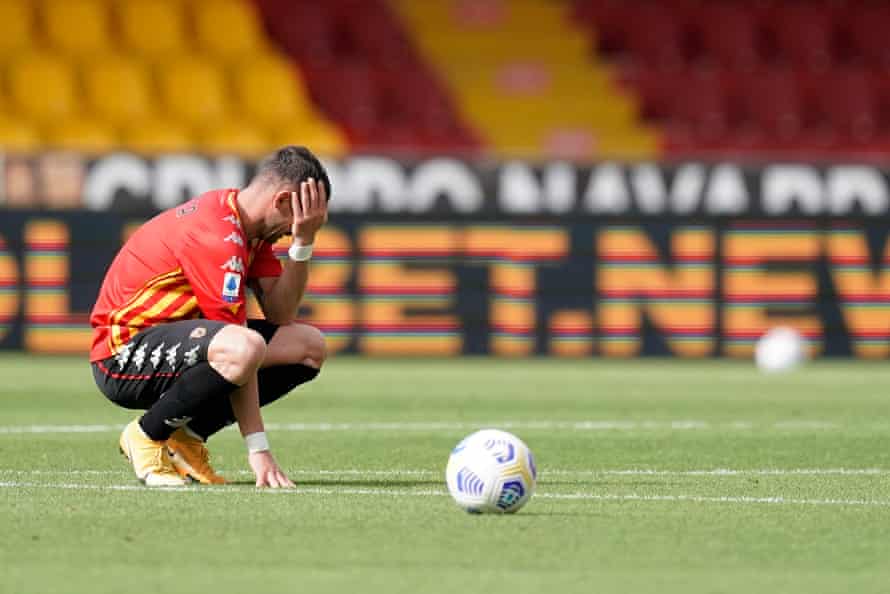 Benevento’s Gaetano Letizia shows his dejection after being relegated.