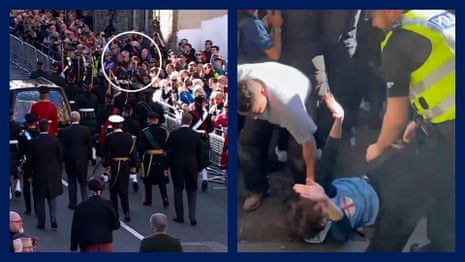 'Andrew, you're a sick man': police drag heckler from crowd during Queen's procession – video