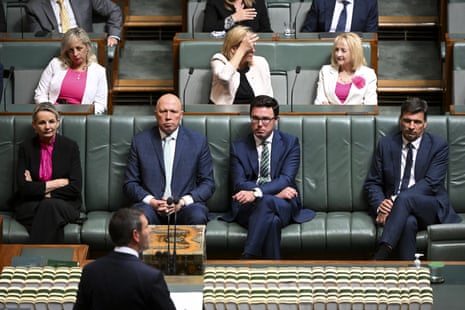 Peter Dutton and other opposition MPs watch on as Jim Chalmers gives his budget speech.