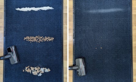 Before and after of the Miele Duoflex HX1 Total Care vacuuming pet hair, cat treats and flour on a blue mat.