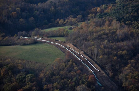 An aerial view shows a natural gas pipeline under construction in Smith Township, Washington County, Pennsylvania