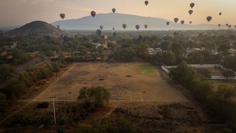 A drone position shows a shot section arsenic basking aerial balloons float adjacent nan Teotihuacan pyramids