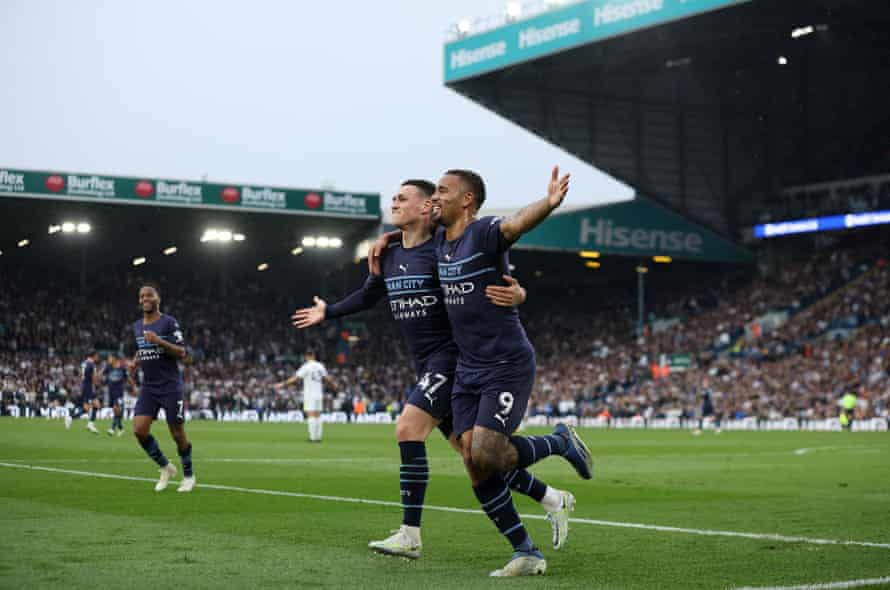 Leeds United 0-4 Manchester City: Premier League – live reaction! | Premier League 5 Jesus celebrates scoring with Foden.