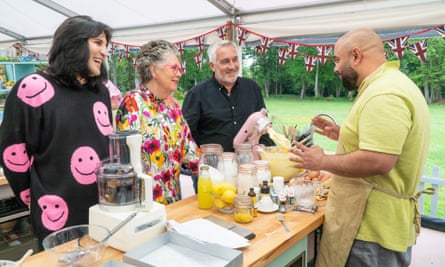 Noel Fielding, Prue Leith and Paul Hollywood with Bake-Off contestant George