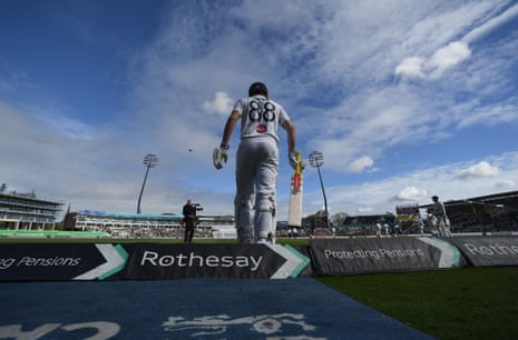 Harry Brook of England walks on to the ground at the start of play.