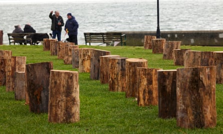 Rows of logs by the sea with dog walkers in the background.