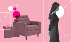 Composite of model with back turned, next to chair with shopping bags, against pink background