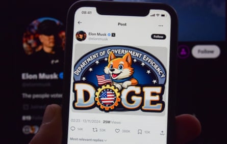 Smartphone showing Musk tweet with an AI-generated Doge logo