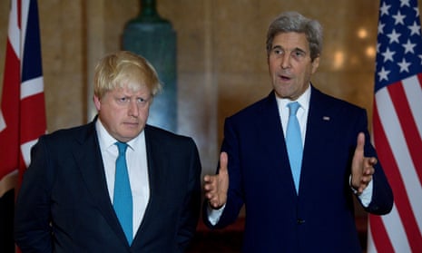UK foreign secretary Boris Johnson and US secretary of state John Kerry at Lancaster House, London. 