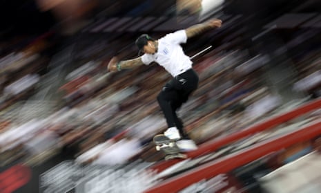 Nyjah Huston skates in a Street League Skateboarding event in Los Angeles.