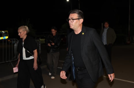 Andy Burnham arriving at the Makerfield byelection count.