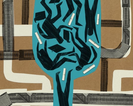 Illustration of a factory production line, where students were the product