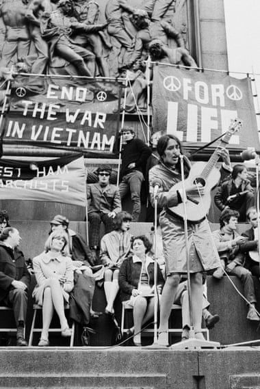 Joan Baez performs at an anti-Vietnam war demonstration in Trafalgar Square in 1965.
