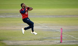 Chris Jordan of England bowls.