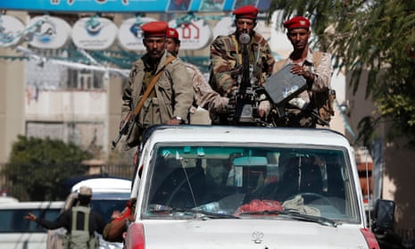 Pro-Houthi soldiers on patrol in Sana’a, Yemen on 17 February.