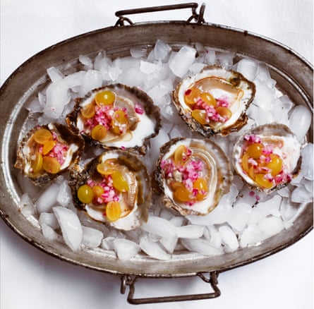 Oysters with pickled grapes.