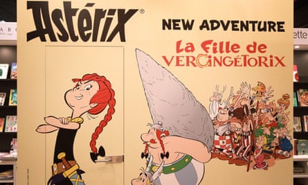 Advertising for the new Asterix book, La fille de Vercingetorix, is pictured at the Frankfurt book fair.