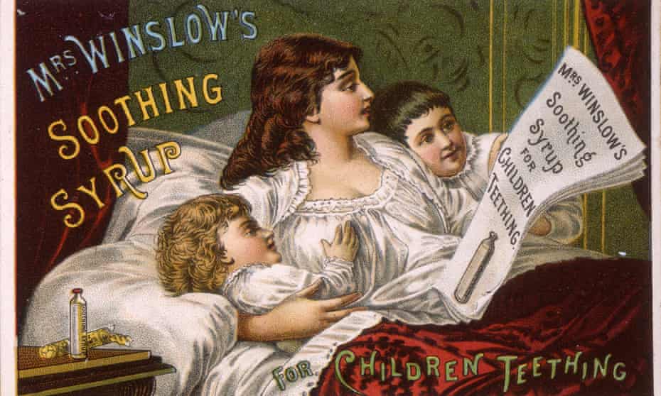 Mrs. Winslow’s Soothing Syrup for Children TeethingMother and children reading in bed, undated. Lithograph, trade card, by M.M. &amp; Litho. Co. (Photo by The New York Historical Society/Getty Images)