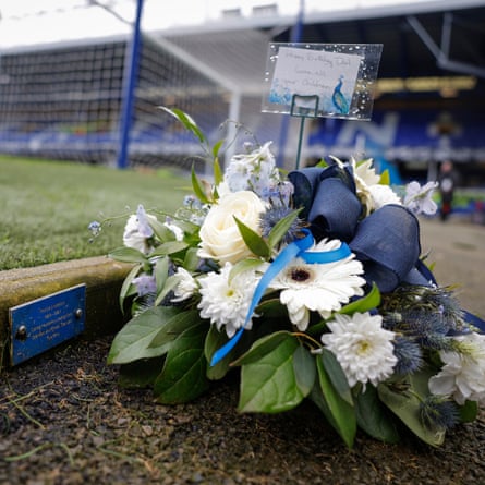 A floral tribute to an Everton fan at the Park End of Goodison Park
