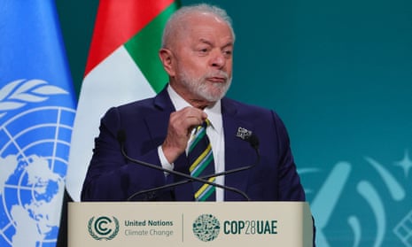 Brazil's president, Luiz Inacio Lula da Silva, speaks at the Cop28 climate summit in Dubai