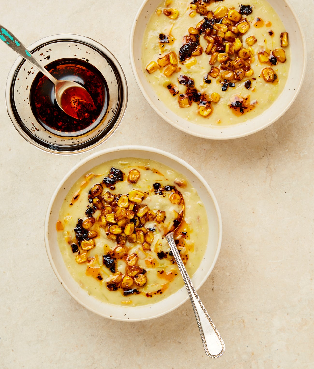 Meera Sodha's sweetcorn chowder with smoky chipotle oil.