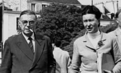 Jean-Paul Sartre with Simone de Beauvoir in Saint Germain des Pres, Paris.